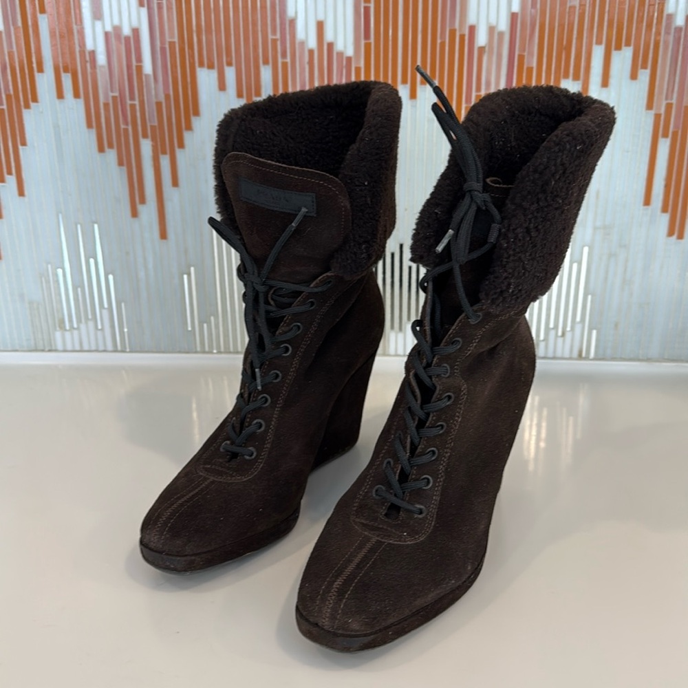 Pair of Brown Suede and Shearling Prada Wedge Boots